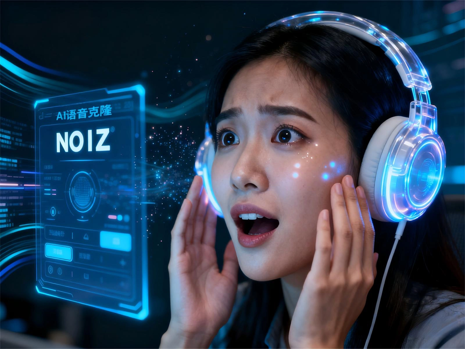 noiz用户惊喜体验AI语音克隆技术，透明耳机与全息界面展现尖端科技。